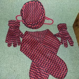 Red and black scarf, hat, and gloves set